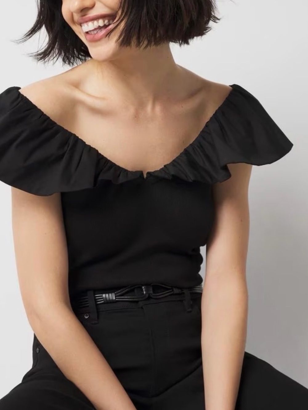 White House Black Market Black Ruffle Poplin Knit Top - Picture 2 of 5